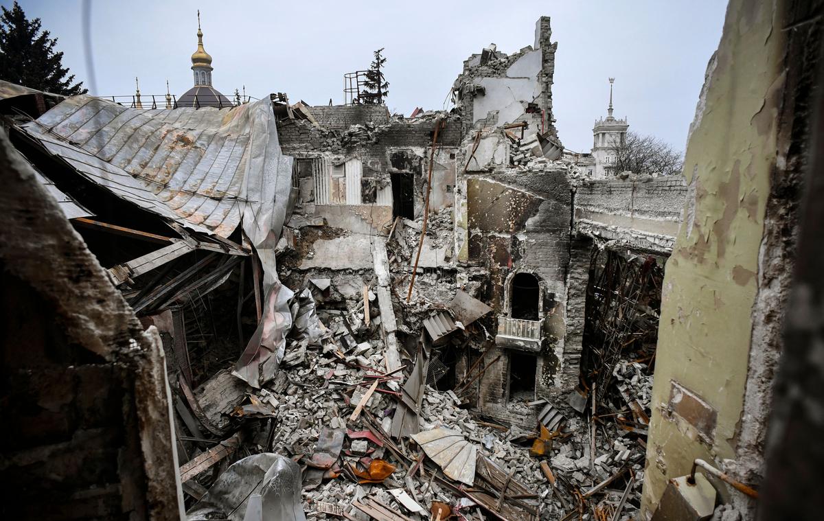  This picture shows the partially destroyed Mariupol drama theatre, bombed last March 16, in Mariupol on April 12, 2022, as Russian troops intensify a campaign to take the strategic port city, part of an anticipated massive onslaught across eastern Ukraine, while Russia's President makes a defiant case for the war on Russia's neighbour. - *EDITOR'S NOTE: This picture was taken during a trip organized by the Russian military.* (Alexander Nemenov/AFP via Getty Images)