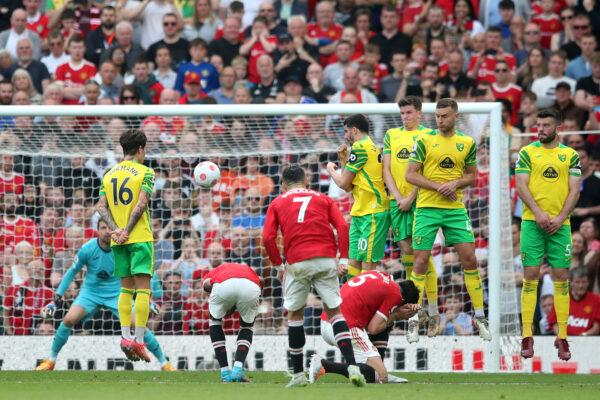 Cristiano Ronaldo of Manchester United scores their side's third goal and their hat-trick during the Premier League match between Manchester United and Norwich City at Old Trafford, in Manchester, England, on April 16, 2022. (Jan Kruger/Getty Images)
