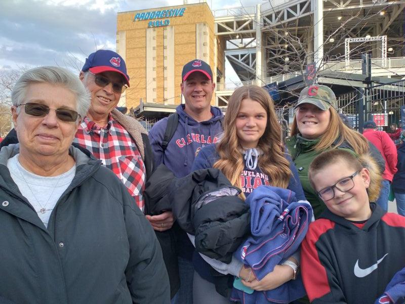 Three generations of Cleveland Indians fans at the inaugural Cleveland Guardians game on April 15, 2022. Pictured left to right, Kamie and Tim Newell, Ryan Newell, daughter Emma, 13, and Shanna Newell, and son Blake, 10. (Michael Sakal/The Epoch Times)