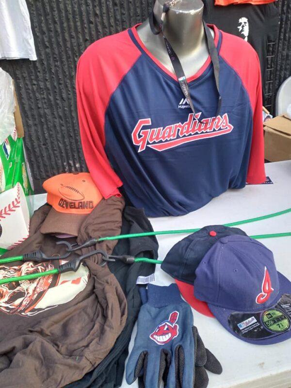 The past and present: A Cleveland Guardians T-shirt on sale for $45 at a vendor booth outside Progressive Field during the team's home opener on April 15, 2022. Items featuring Chief Wahoo, the mascot of the former team, the Cleveland Indians, still were being sold. (Michael Sakal/The Epoch Times)