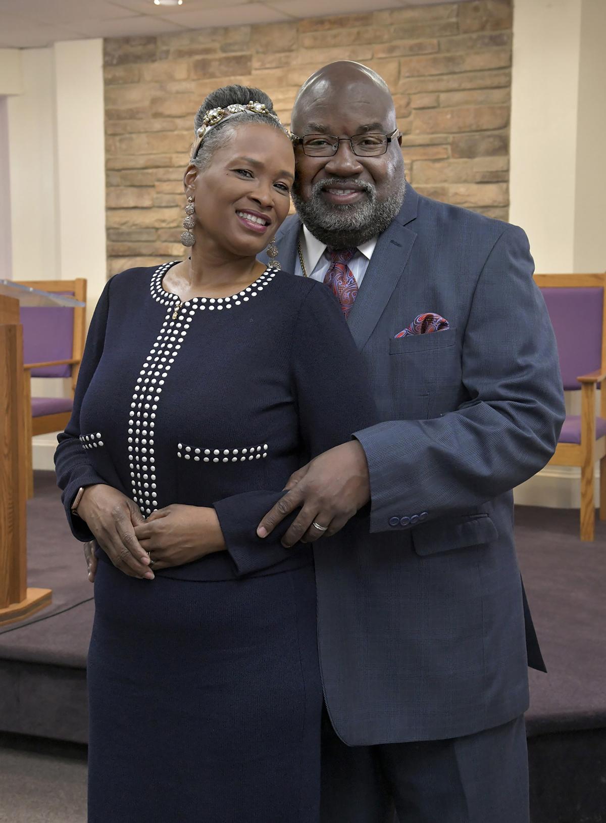 Lady Hope McMillan with her husband, Bishop William E. McMillan on Palm Sunday at their Pentecostal church, Rehobeth Ministries Church of God in Christ, in the Parklane neighborhood. (Amy Davis/Baltimore Sun/TNS)