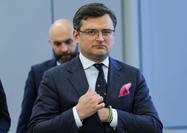 Ukrainian Foreign Minister Dmytro Kuleba (R) at NATO headquarters in Brussels on April 7, 2022. (Evelyn Hockstein/Pool/AFP via Getty Images)
