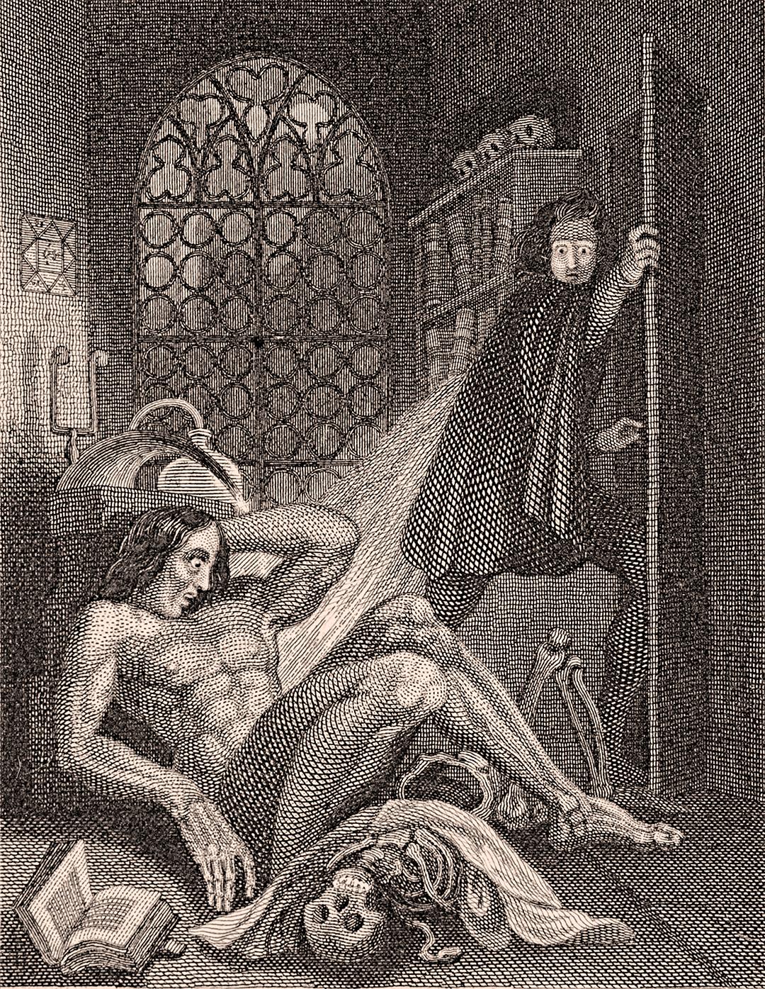 Victor Frankenstein becoming disgusted at his monstrous creation. Illustration from the frontispiece of the 1831 edition of "Frankenstein" by Mary Shelley. Published by Colburn and Bentley, London, 1831. (Public Domain)