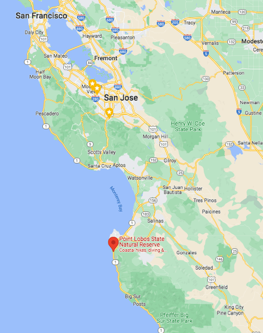 Map of Central California showing Point Lobos Reserve. (courtesy of Google Maps)