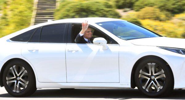 Australian Prime Minister Scott Morrison drives a hydrogen-powered car around a Toyota test track in Melbourne, Australia, on Nov. 9, 2021. (William West/AFP via Getty Images)