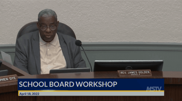 Screenshot of Manatee County School Board Chair Rev. James Golden during a meeting for the Manatee County School District in Fla. on April 18, 2022. (Manatee County School Board video)