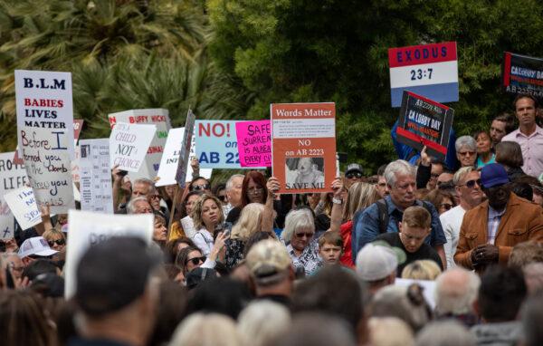 People rally against Assembly Bill 2223 in Sacramento on April 19, 2022. (John Fredricks/The Epoch Times)