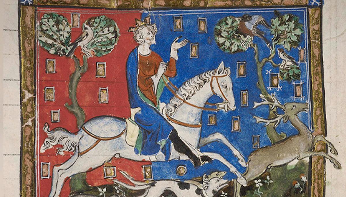 A depiction of King John hunting a stag with hounds from the 14th century. (<a href="https://commons.wikimedia.org/wiki/File:King_John_hunting_-_Statutes_of_England_(14th_C),_f.116_-_BL_Cotton_MS_Claudius_D_II.jpg">British Library</a>/CC0 1.0)