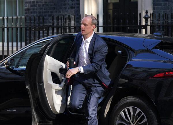 Deputy Prime Minister Dominic Raab arriving in Downing Street, London, for a Cabinet meeting on Apr. 26, 2022. (Yui Mok/PA)