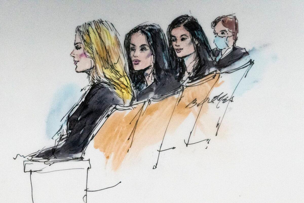 (L–R) Khloe Kardashian, Kim Kardashian, Kylie Jenner, and Kris Jenner sit in court in Los Angeles, on April 19, 2022, in this courtroom artist sketch. (Bill Robles via AP)