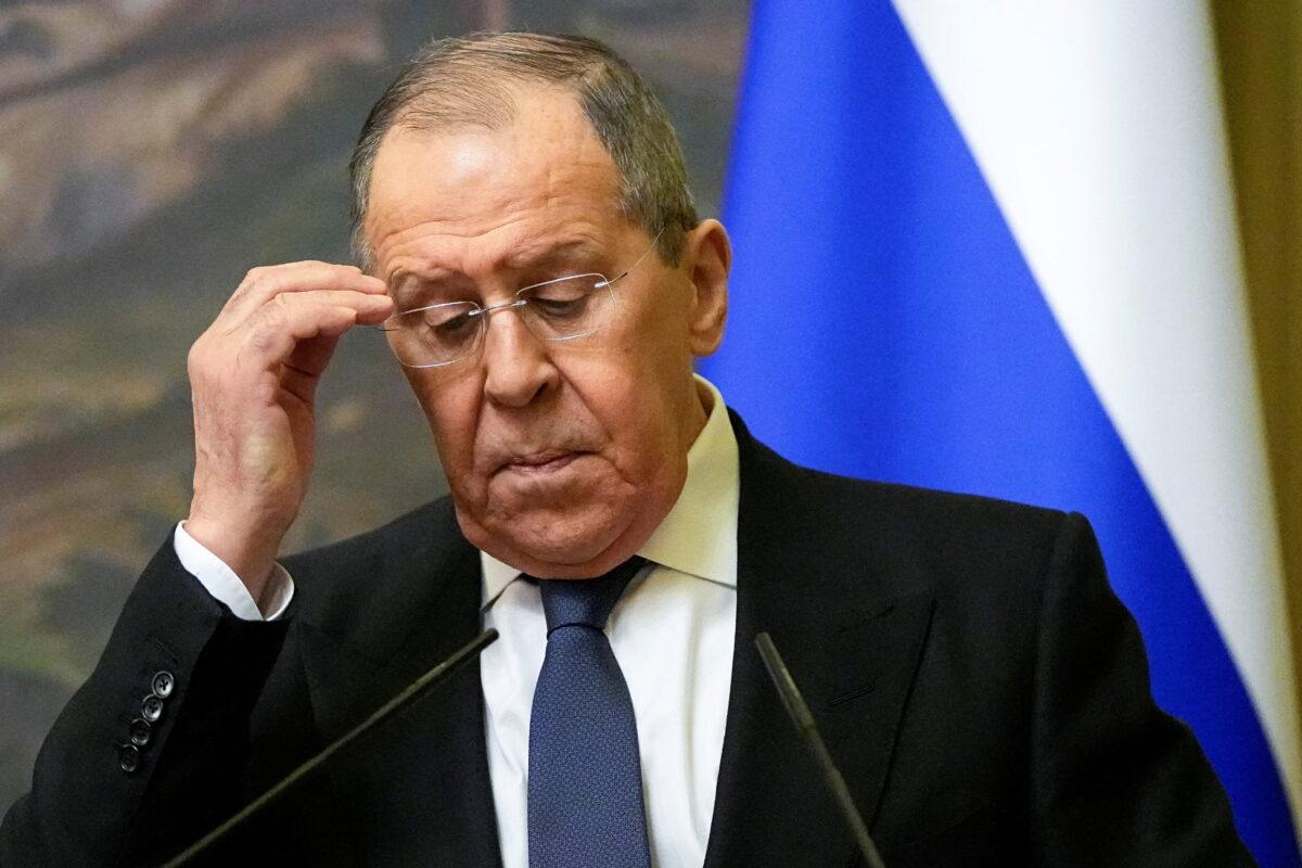 Russian Foreign Minister Sergey Lavrov attends a joint press conference with Armenian Foreign Minister Ararat Mirzoyan in Moscow on April 8, 2022. (Alexander Zemlianichenko/Reuters)