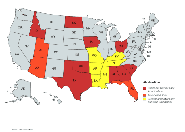 These 18 states have enacted legislation banning abortions early in pregnancy based on a fetal heartbeat or beyond a certain number of weeks of gestation. But in most, the enforcement of the legislation is blocked due to legal challenges. (Graphic courtesy of National Right to Life Committee)