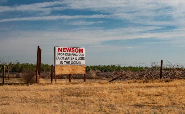 Farmers put up signs off California's 5 Freeway outside of Bakersfield, Calif., on April 18, 2022. (John Fredricks/The Epoch Times)