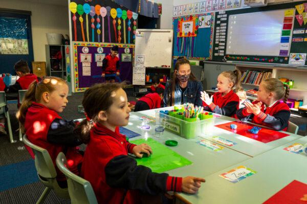 Prep students enjoy returning to the classroom at Lysterfield Primary School, in Melbourne, Australia, on Oct. 12, 2020. (Daniel Pockett/Getty Images)