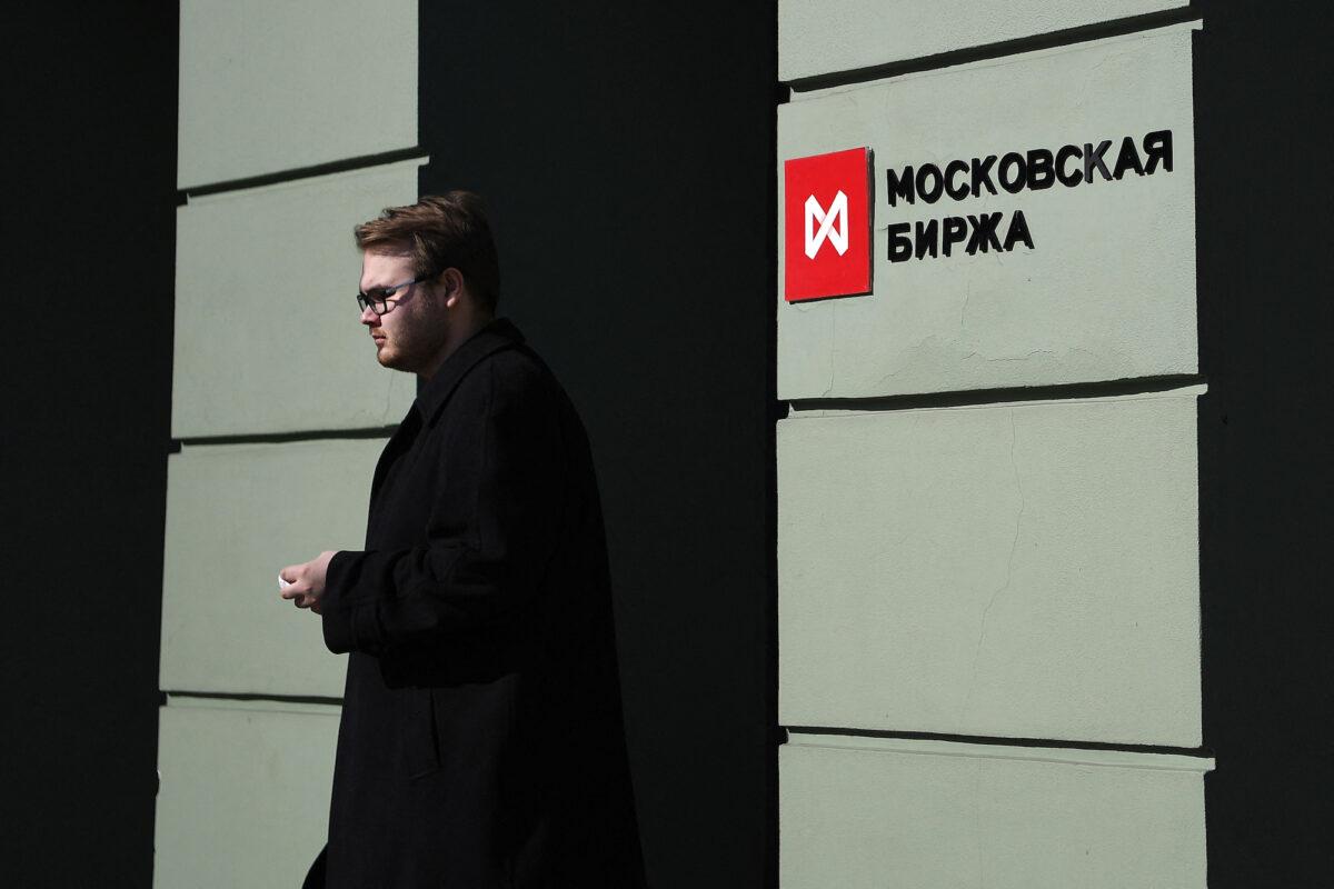 A view of the Moscow Exchange office in Moscow, Russia, on March 24, 2022. (Natalia Kolesnikova/AFP/Getty Images)