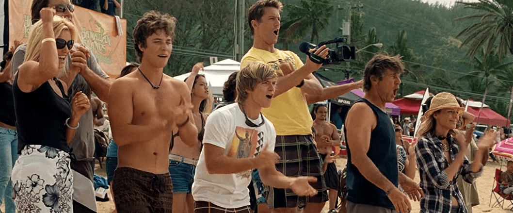 (L–R) Arlene Newman-Van Asperen, Jeremy Sumpter, Chris Brochu, Ross Thomas, Dennis Quaid, and Helen Hunt in "Soul Surfer." (Sony Pictures Releasing)