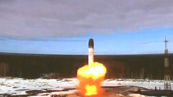 The Sarmat intercontinental ballistic missile is launched during a test at Plesetsk Cosmodrome in the Arkhangelsk region, Russia, in this still image taken from a video released on April 20, 2022. (Russian Defence Ministry/via Reuters)