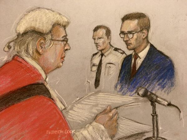 Court artist drawing of James Watson appearing in the dock at the Old Bailey in London on Apr. 4, 2022 (Elizabeth Cook/PA)