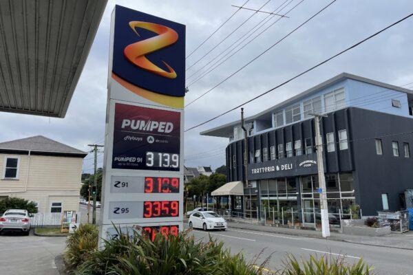 A petrol station showing unleaded petrol costing 313 cents a litre is seen in Newtown, Wellington, New Zealand, on March 14, 2022. (AAP Image/Ben McKay)
