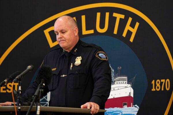 Duluth Police Chief Mike Tusken pauses during a press conference about a shooting incident in Duluth, Minn., on April 21, 2022. (Anthony Souffle/Star Tribune via AP)