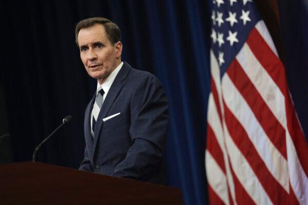 Pentagon press secretary John Kirby holds a press briefing at the Pentagon in Arlington, Virginia, on April 19, 2022. (Kevin Dietsch/Getty Images)
