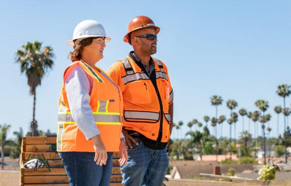 Rep. Katie Porter (D-Irvine) overlooks freeway construction projects on the State Route 73 southern interchange from the Interstate 405 in Costa Mesa, Calif., on April 21, 2022. (John Fredricks/The Epoch Times)