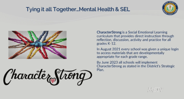 Screenshot of a slide shown during a presentation about social emotional learning curriculum at school board workshop meeting for the Manatee County School District in Fla. on April 18, 2022. (Manatee County School Board video)