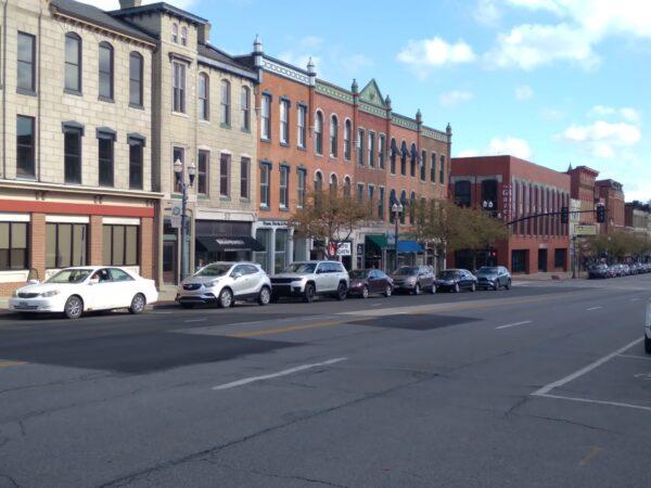 Delaware, Ohio's downtown is expecting a large crowd this weekend when former President Donald Trump holds a rally at 7 p.m. at the Delaware County Fairgrounds on April 23. Pictured here is downtown Delaware along Sandusky Street that features numerous restaurants and shops. (Michael Sakal/The Epoch Times)