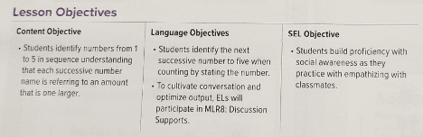 An example of "problematic" instructional material published on the Florida Department of Education website featuring a textbook section with a “Social and Emotional Learning” (SEL) objective beside a content objective of counting to five. (Florida Department of Education/fldoe.org)