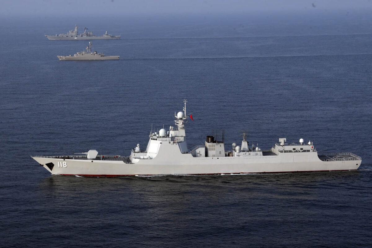 Chinese, Russian, and Iranian warships conduct a joint military drill in the Indian Ocean on Jan. 21, 2022. (Iranian Army office/AFP via Getty Images)