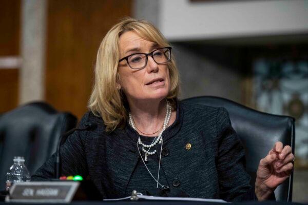 Sen. Maggie Hassan (D-N.H.) speaks at a Homeland Security and Governmental Affairs/Rules and Administration Committee hearing in Washington on March 3, 2021. (Shawn Thew/Pool via Getty Images)