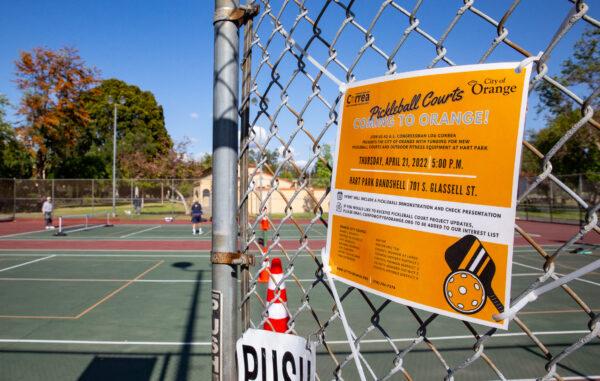 People play the sport of pickleball at Hart Park in Orange, Calif., on April 21, 2022. (John Fredricks/The Epoch Times)