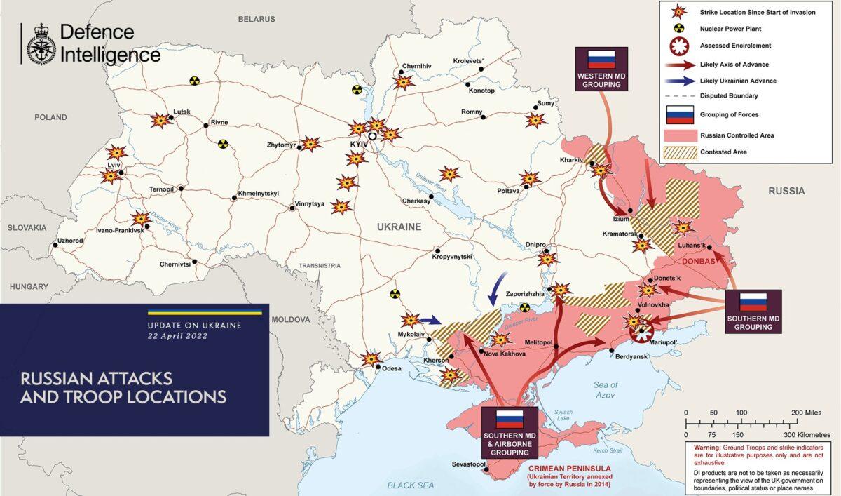 A map by the UK Ministry of Defense shows the troop locations of Russia and Ukraine as of April 22. (UK Ministry of Defense)