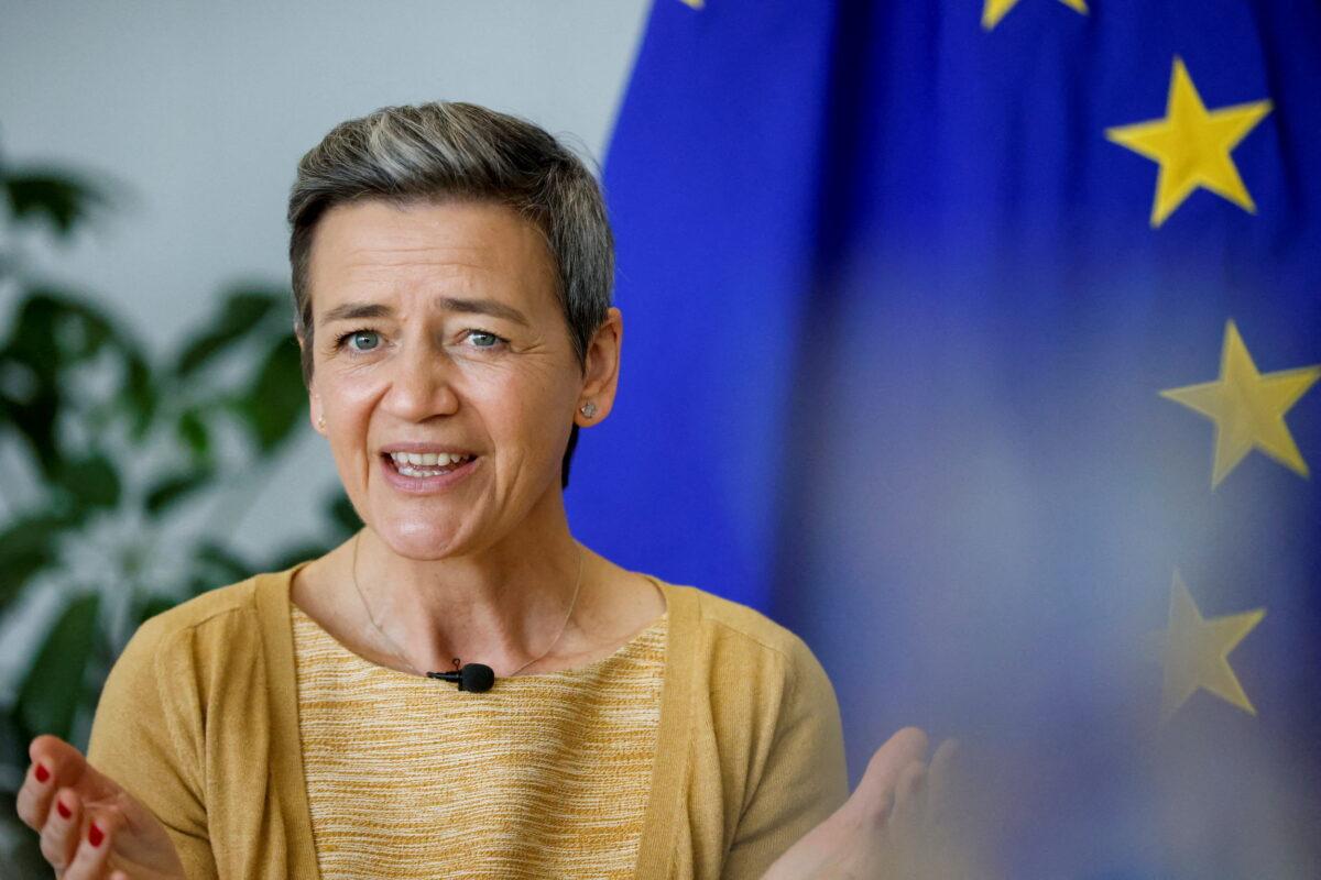 European Commission Vice President Margrethe Vestager speaks during an interview with Reuters in Brussels, on March 28, 2022. (Johanna Geron/Reuters)