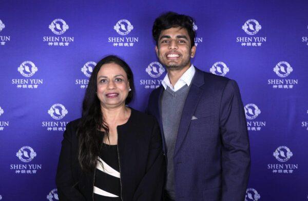 Dipika Gupta (L) and son Abhay Gupta (R) attend Shen Yun Performing Arts Palais Theatre in Melbourne, Australia, on April 23, 2022. (NTD)