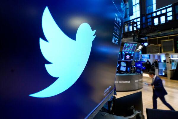 The logo for Twitter appears above a trading post on the floor of the New York Stock Exchange, on Nov. 29, 2021. (Richard Drew/AP Photo)