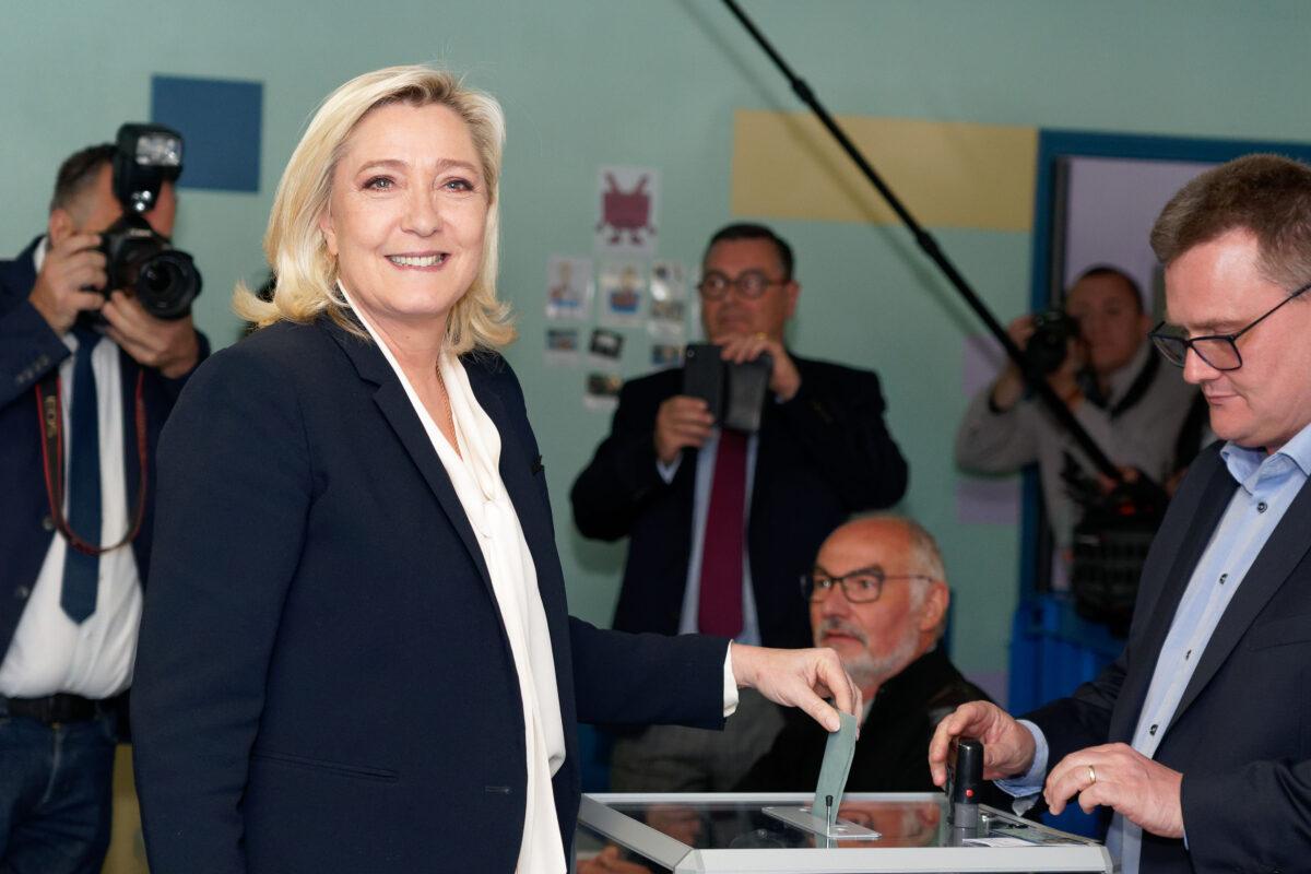 French National Rally candidate Marine Le Pen casts her ballot for the 2nd round of the presidential election in Henin-Beaumont, France, on April 24, 2022. (Sylvain Lefevre/Getty Images)