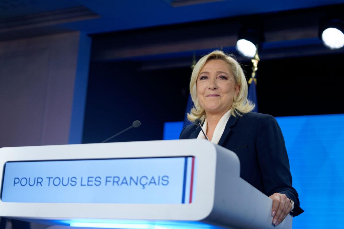 Marine Le Pen, presidential candidate, delivers her concession speech after early result projections show France's incumbent president Emmanuel Macron heading to win a second five-year term as president, in Paris, on April 24, 2022. (Sylvain Lefevre/Getty Images)