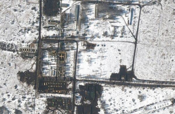 Satellite image of a field hospital and a troop deployment in Belgorod, Russia, on Feb. 21, 2022. (Courtesy of Satellite image 2022 Maxar Technologies/Handout via Reuters)