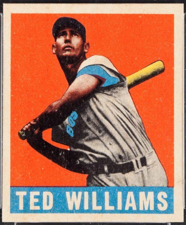 Ted Williams on<br/>a 1948 Leaf baseball card. (Public Domain)