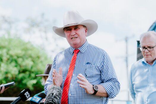 Nationals MP Barnaby Joyce speaks to the media during a visit to Rockhampton, in Queensland, Australia, on March 23, 2022. (AAP Image/Phat Nguyen)