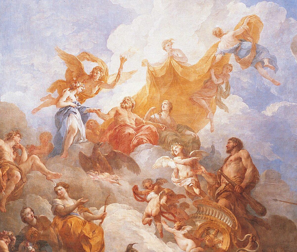 The angel named Love of Virtue shows Hercules to his father Jupiter (in muted scarlet). Jupiter presents to his son Hebe, goddess of Youth (in blue), led by the winged goddess Hymen. (Public Domain)