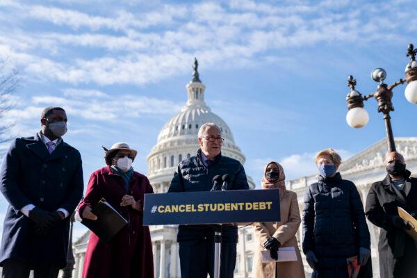 Senate Majority Leader Chuck Schumer (D-NY) speaks during a press conference about student debt outside the U.S. Capitol on Feb. 4, 2021 in Washington, DC. (Drew Angerer/Getty Images)
