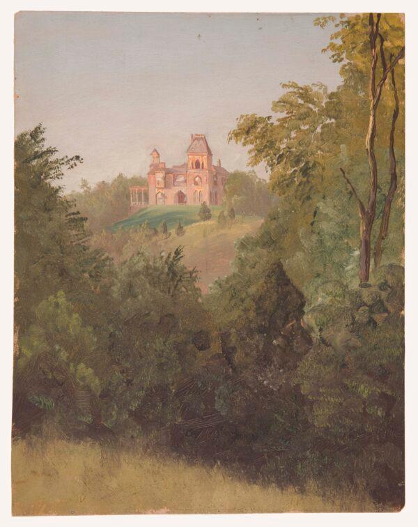 “Drawing, Olana from the Southwest” by Frederic Edwin Church, 1872. Brush and oil on thin paperboard. Gift of Louis P. Church, Cooper Hewitt, Smithsonian Design Museum, NY. (Public Domain)