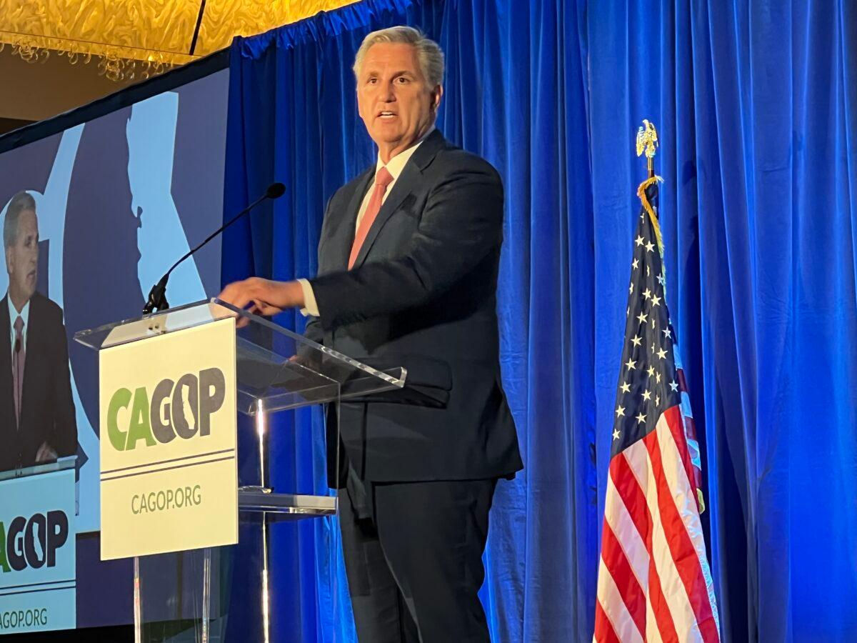 House Minority Leader Kevin McCarthy (R-Calif.) speaks at the California Republican Party Convention in Anaheim, Calif., on April 23, 2022. (Brad Jones/The Epoch Times)