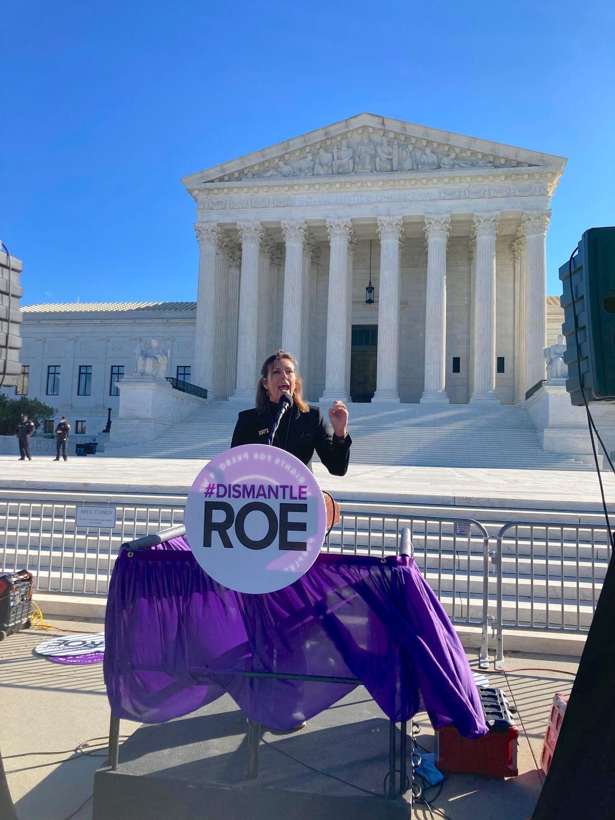 Kelly Lester speaks in a prayer rally in front of the U.S. Supreme Court in Washington, D.C. when it was announced that the Dobbs v. Jackson case would be heard in December 2021. (Courtesy of <a href="https://www.facebook.com/kellylesterforlife">Kelly Lester</a>)