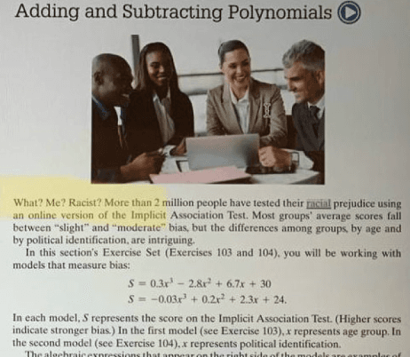 An excerpt from one of the "social emotional learning" teaching materials rejected by the Fla. Department of Education uses the results of a racial bias survey to teach about polynomials. (Fla. Department of Education).