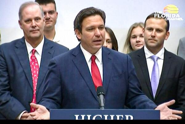 Florida Gov. Ron DeSantis speaks at a press conference in The Villages and signs SB 7044 on April 19, 2022. (Screenshot, The Florida Channel)