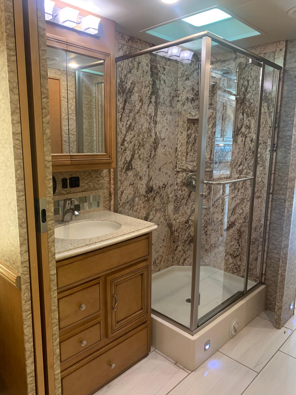 The bathroom of a luxury Ventana model coach made by Newmar, whose parent company is Winnebago. (Susan Taylor Martin/Tampa Bay Times/TNS)