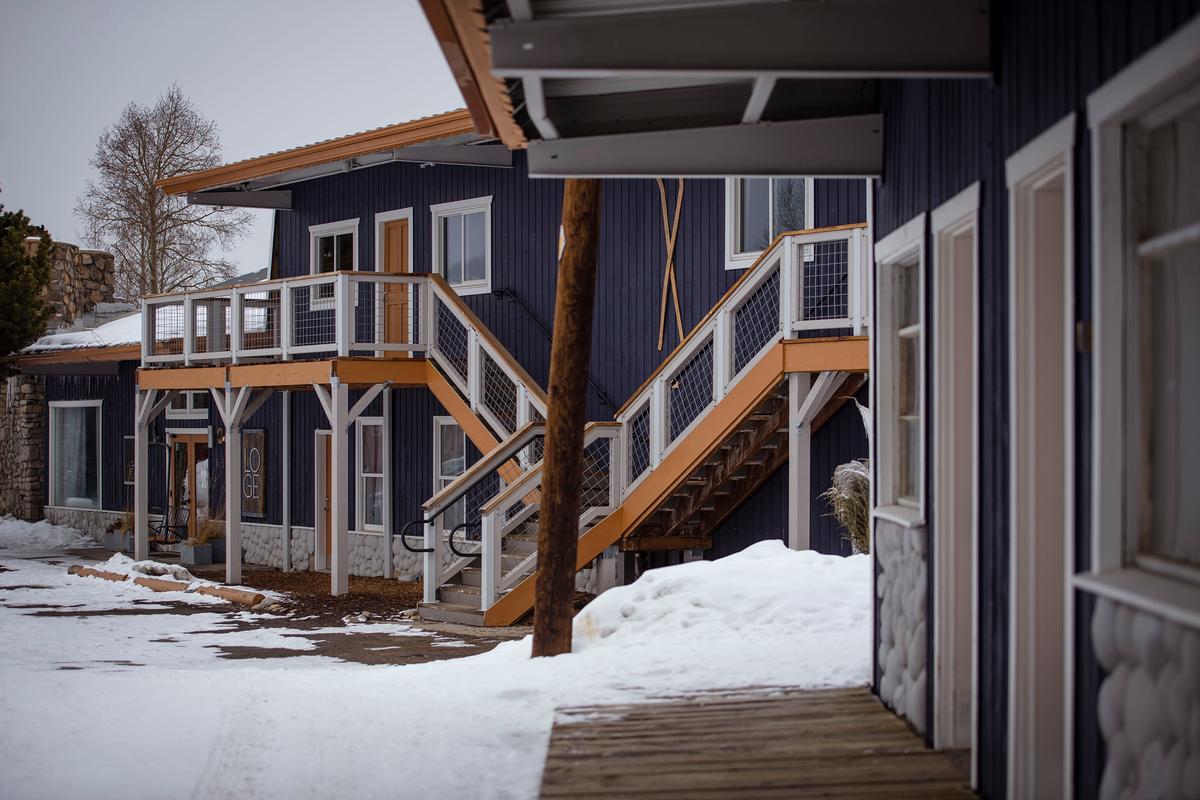 Snow falls at the LOGE in Breckenridge, Colorado, on March 9, 2022. Built in the 1960s, the former Wayside Inn is now a trendy remodeled boutique motel with a hostel vibe that reopened in 2019. (Chancey Bush/Colorado Springs Gazette/TNS)